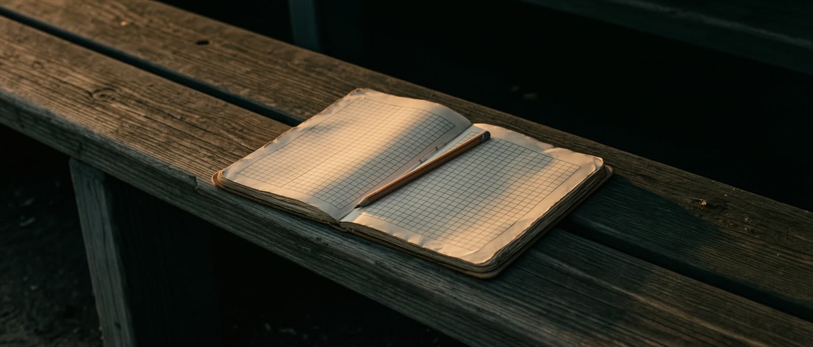 A worn paper scorebook open on a weathered dugout bench, a pencil across the blank ruled page.