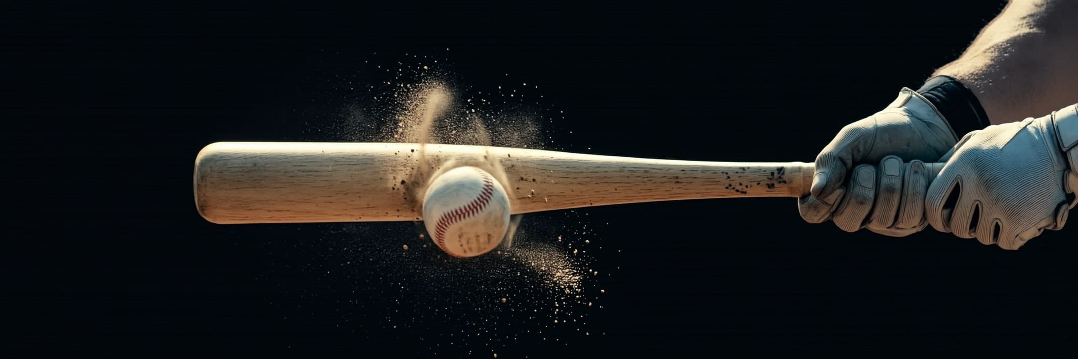 A bat meeting a baseball at the moment of contact, dust blown outward against black.