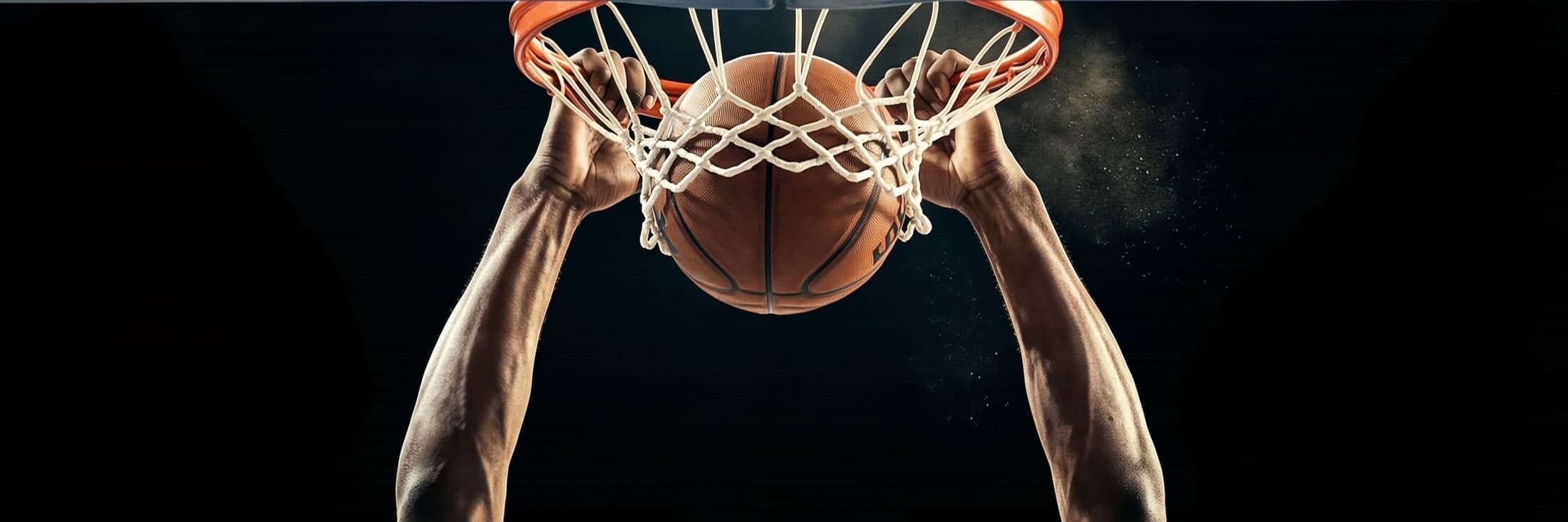 Two forearms hammering a basketball through the rim, the net snapping upward.