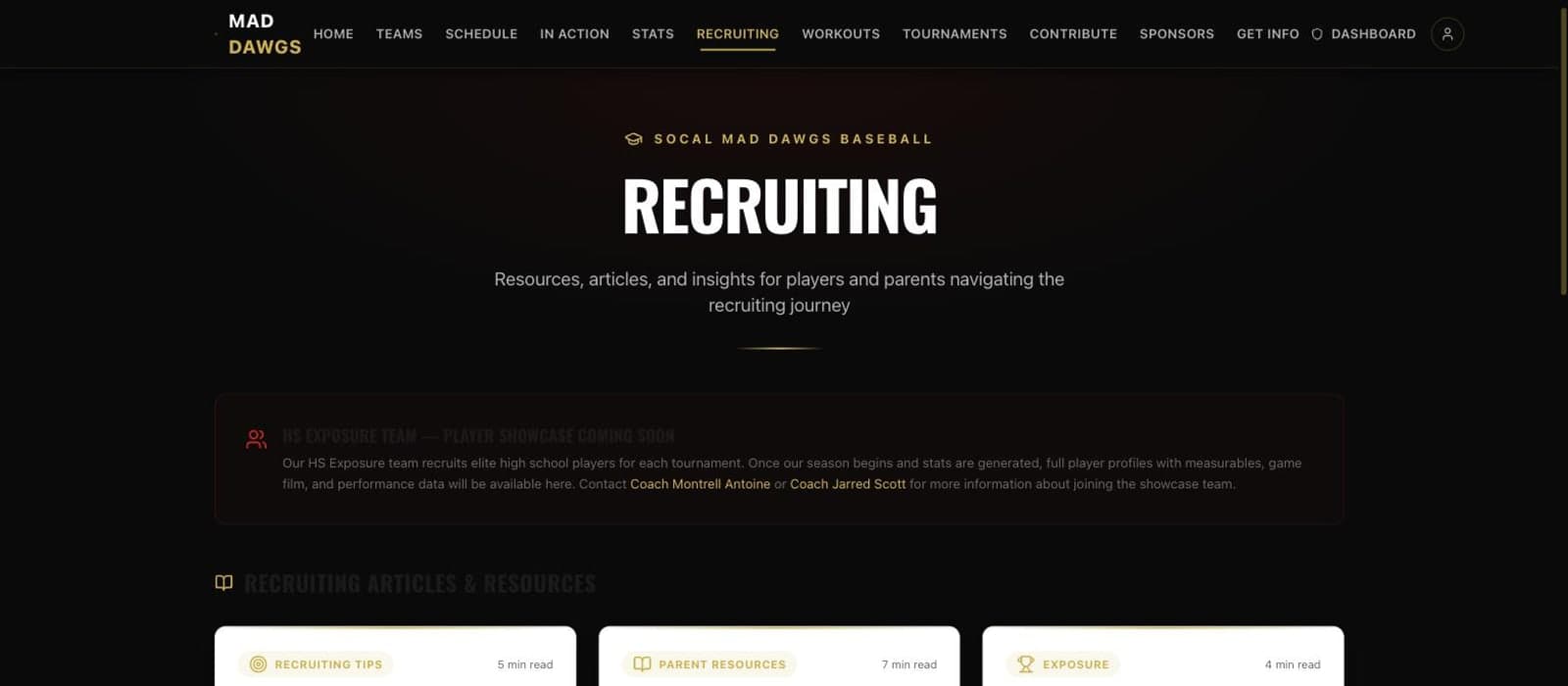 A club recruiting page, dark, with navigation across teams, schedule, stats, workouts and sponsors, and a row of article cards below.