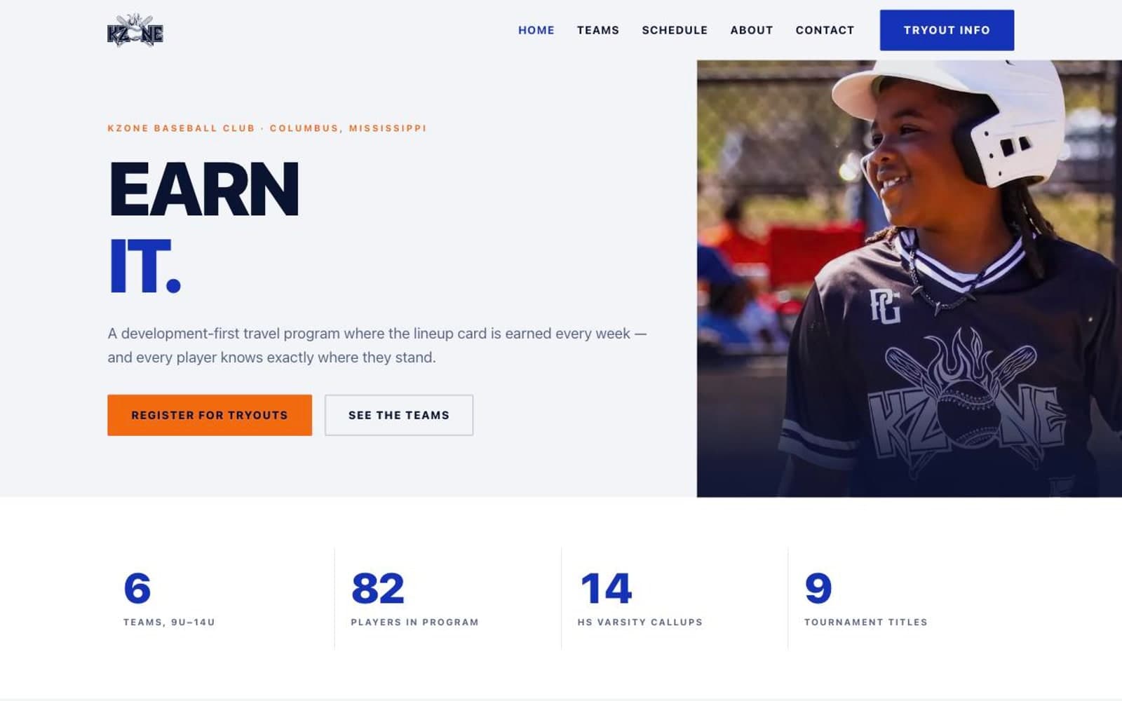A club home page headed “Earn It”, with tryout registration, a team navigation bar and four program statistics.