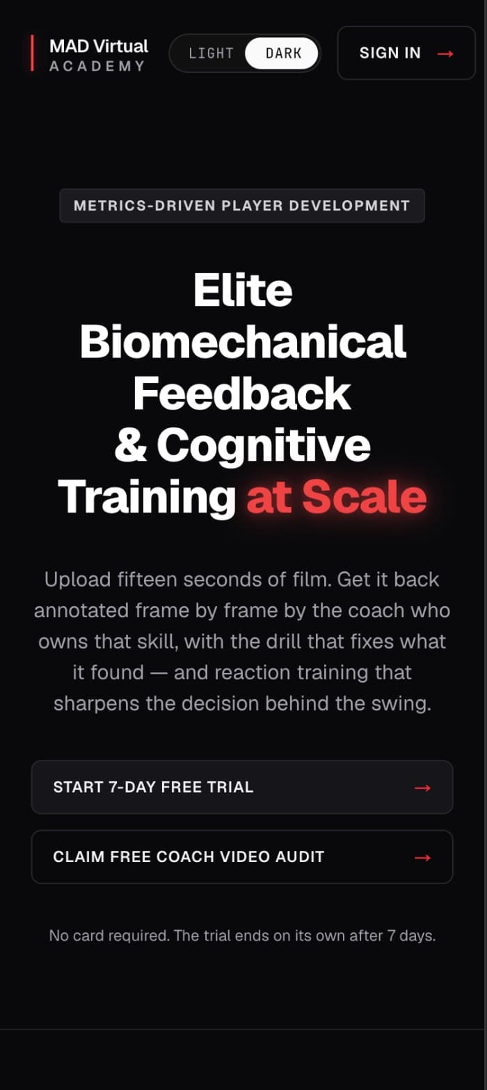 The same platform on a phone: the home page stacked to one column, headline wrapped over five lines and both calls to action full width.