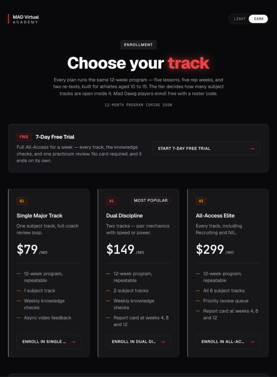 The same platform on a tablet: an enrolment page headed “Choose your track”, with a free-trial band and three pricing tiers side by side.
