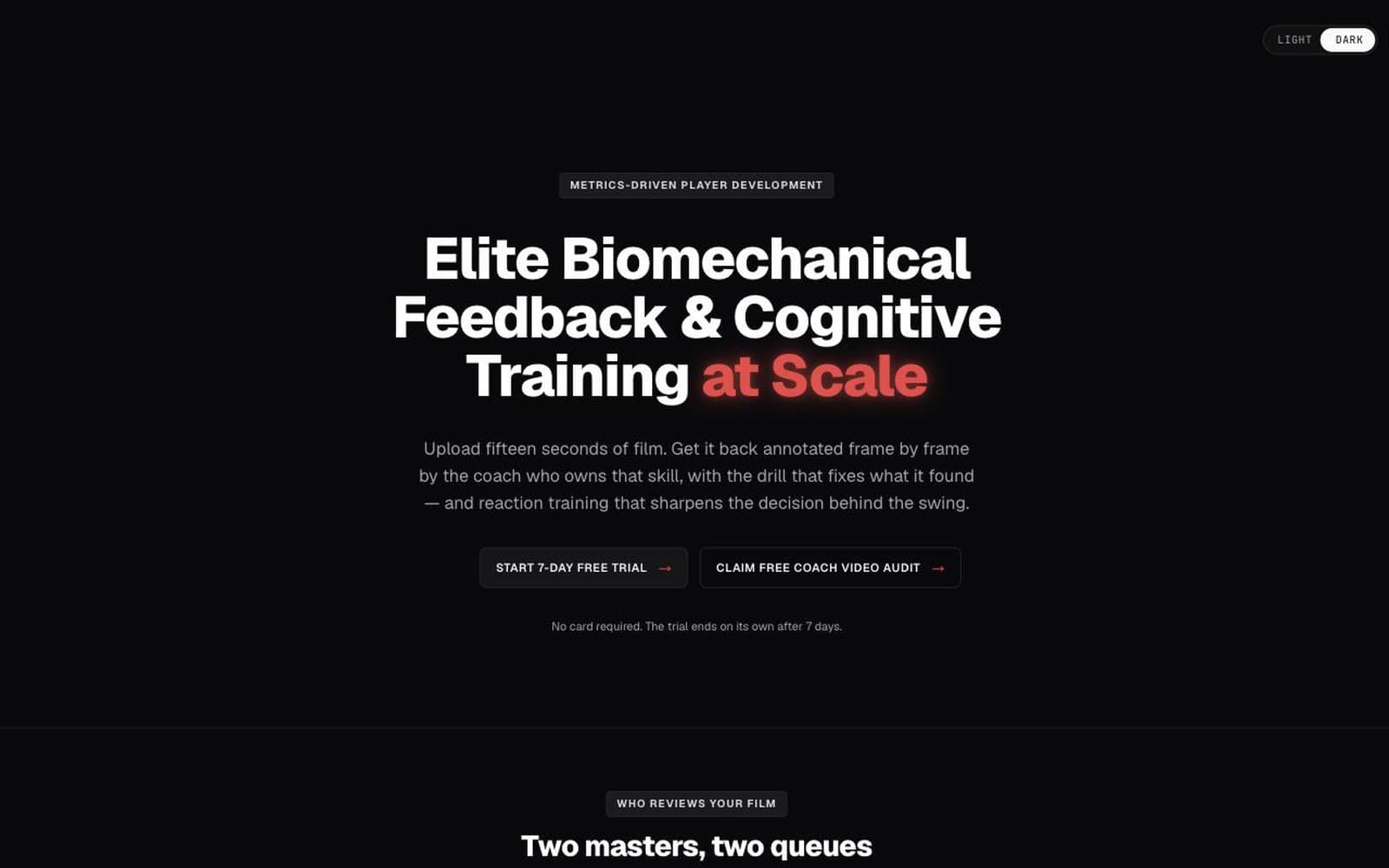 MAD Virtual Academy on a laptop: the dark home page headed “Elite Biomechanical Feedback & Cognitive Training at Scale”, with a free-trial call to action.