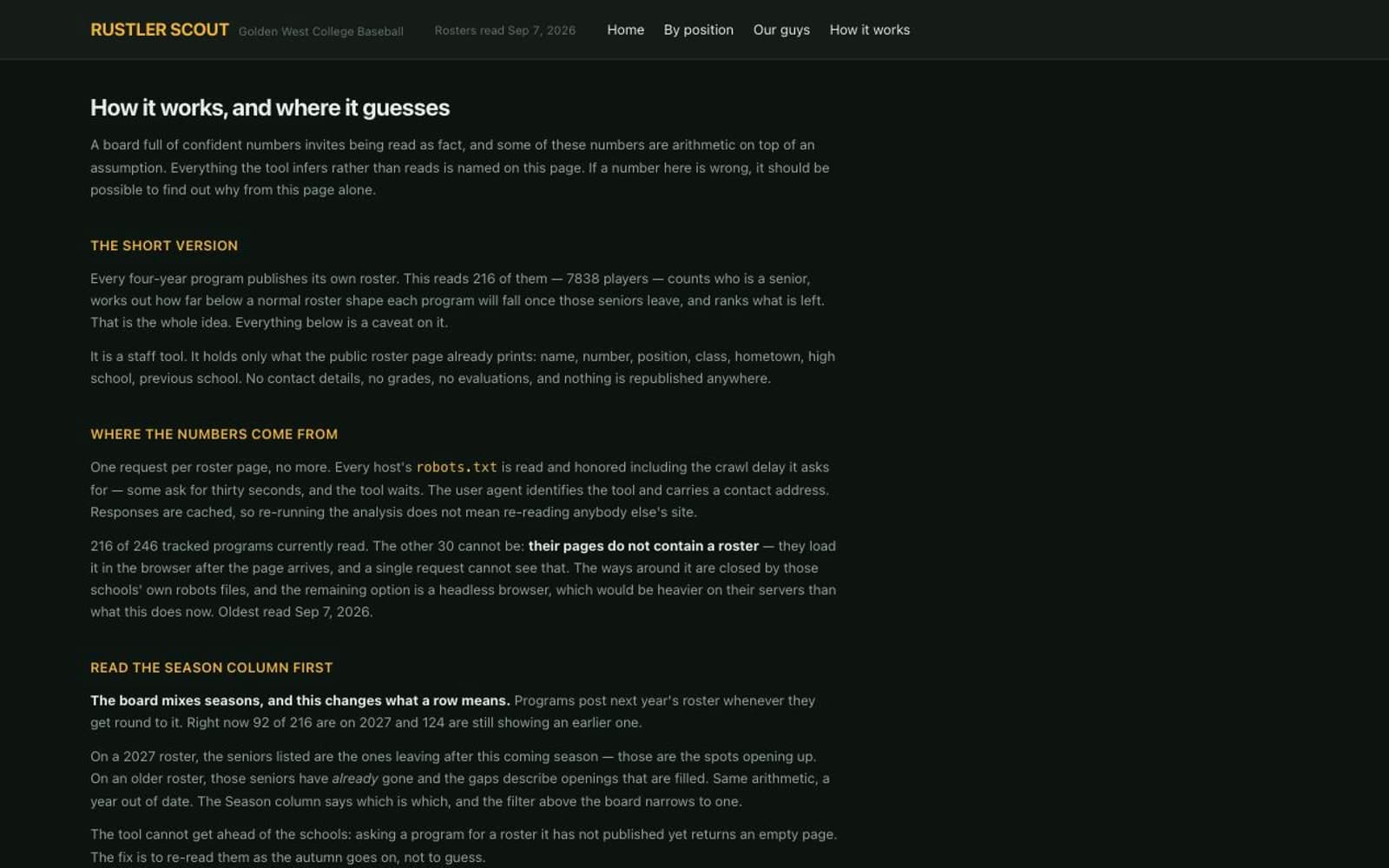 A methodology page headed “How it works, and where it guesses”, explaining where the numbers come from and what the tool infers rather than reads.