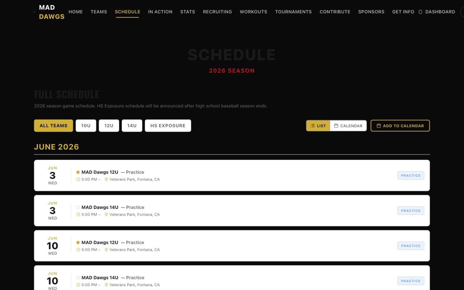 A season schedule filtered by age group, listing practices and games with times and venues, and a button to add them to a calendar.